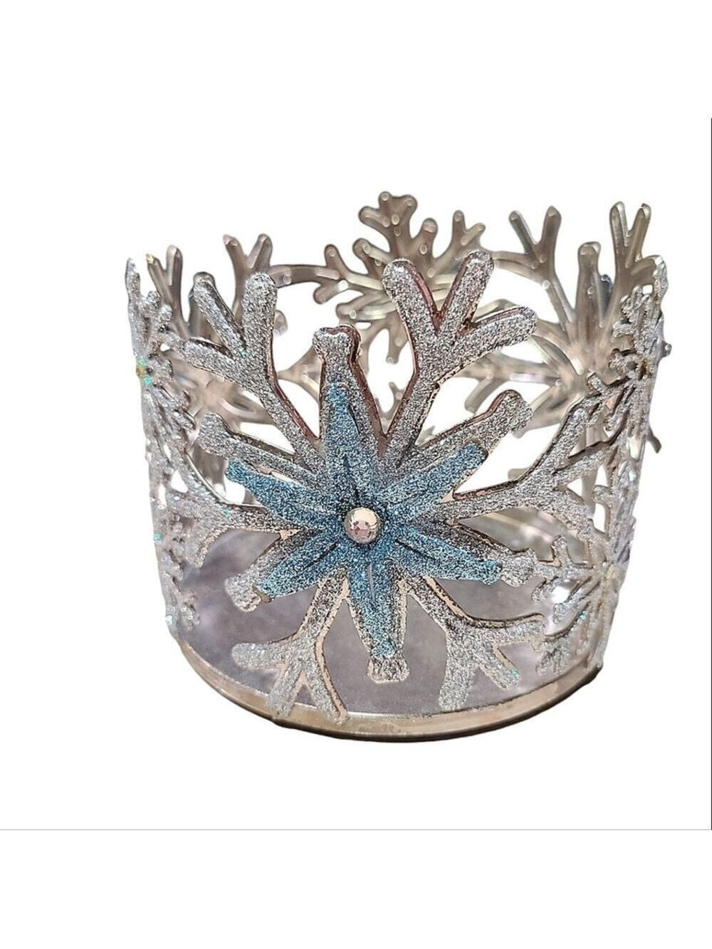 Glitter Snowflake Short 3-Wick Candle Holder Silver, Blue, & White